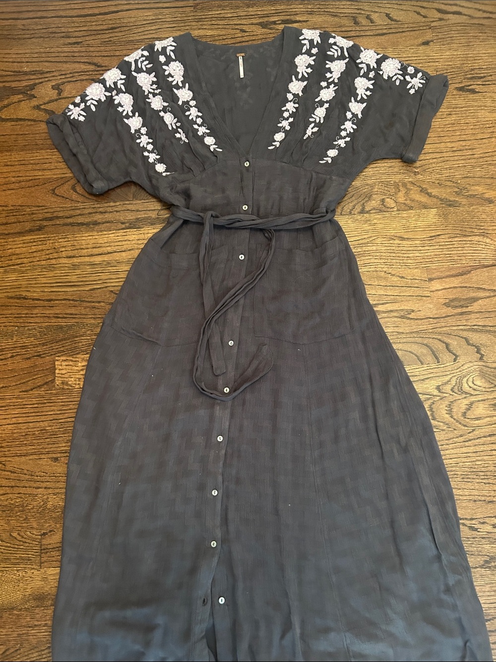 Free People Charcoal Midi Dress with Lavender Embroidery - Picture 4 of 6